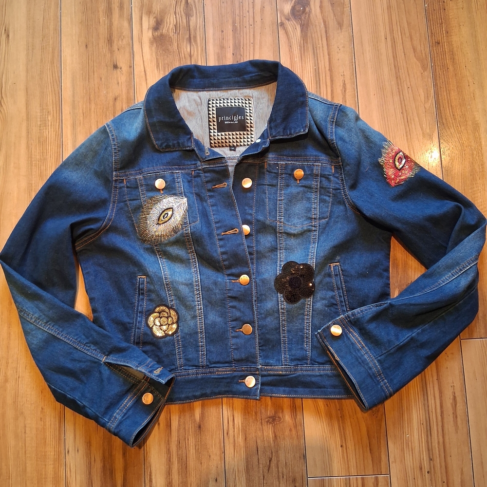 Denim Jacket with Embroidered Patches Size 14